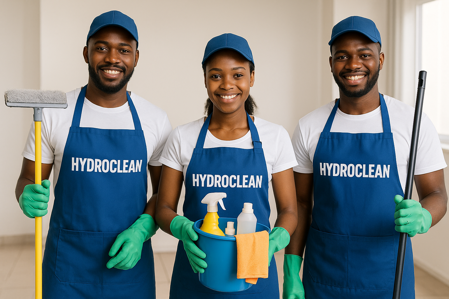 Équipe HydroClean en uniforme bleu – entreprise de nettoyage professionnelle Douala Cameroun